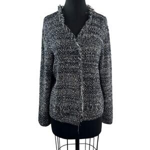 UN JOUR AILLEURS Fringe Tweed Cardigan Jacket Black White Long Sleeves Size 4